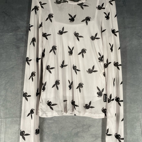 Vintage Playboy Bunny All Over Print Top Women’s Size XS White Sheer Layered Y2K - Picture 1 of 8